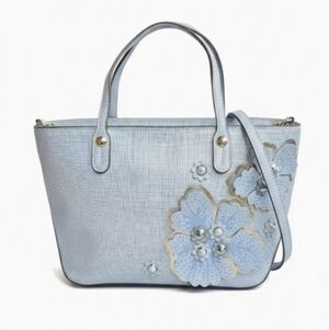 Henri Bendel Stunning Periwinkle Blue & Gold Tote with 3D Floral Cutouts NWT